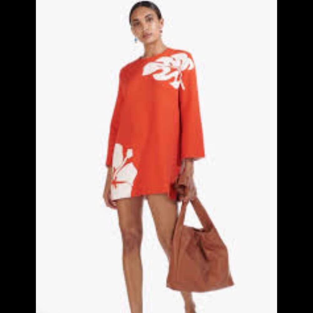 STAUD Shore Tunic Knit Dress Mini Floral Orange NWOT Hibiscus Medium